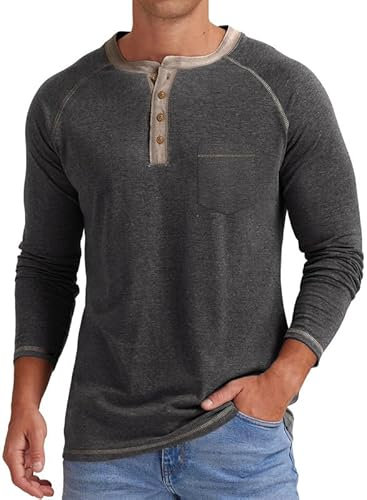 Meilicloth Mens T Shirt Long Sleeve Tshirt Casual Pullover V Neck Tee Shirt Button up Mens Henley Tops Lightweight Shirt with Pocket Black Large