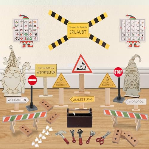 Wichtel Baustelle Set,42 Stück Wichtel Zubehör Baustelle, Wichteltür Zubehör Weihnachten Wichtelbaustelle,Mini Holz Werkzeugkiste mit Werkzeug,für Puppenhaus Zubehör Weihnachten