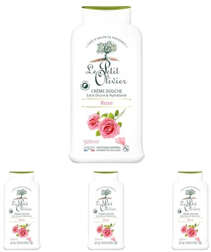 LE PETIT OLIVIER - Crème Douche Extra Douce & Hydratante - Parfum Rose - PH Neutre Pour La Peau - Sans Savon, Sans Colorant - Fabriqué En France - 500 ml (Lot de 4)