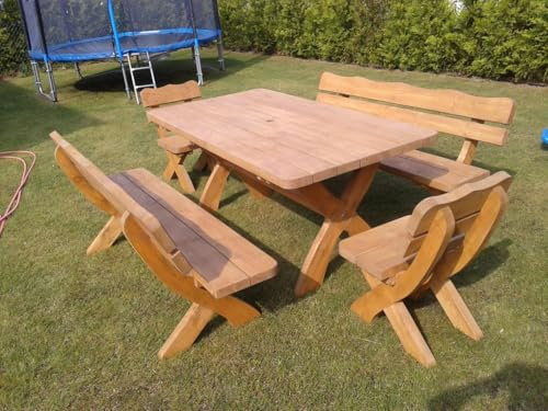 Generisch Rustikale Holz-Gartengarnitur, 180 cm Tisch, 2 Bänke, 2 Stühle, Massivholz