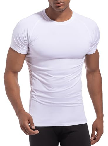 Towintec Compression Shirts for Men Short Sleeve T-Shirt Mesh Baselayer Slimming Round Neck Vests Running Tops Sweatproof Quick Dry T-Shirts Gym Workout Basketball Golf Rash Guard Undershirts White