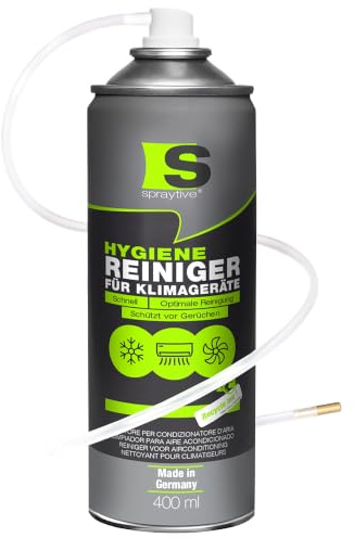 Spraytive 1x 400ml Hygiene Reiniger für Klimageräte, Klimaanlage Auto | Klimaanlagenreiniger mit flexiblem Sprühschlauch und Messing-Zerstäuberdüse: erreicht Lüftungskanäle in Splitgeräten und Kfz