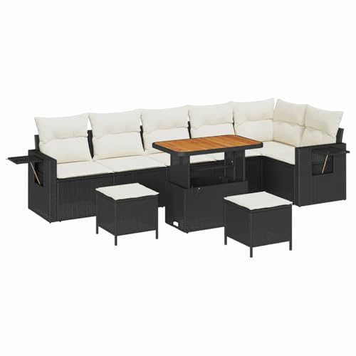 vidaXL 9-teilige Garten-Ecksofa-Sitzgruppe mit Kissen, modulares Gartenmöbel aus UV-beständigem Poly-Rattan und Naturholz für draußen, schwarz und cremefarben. Perfekt für Balkon und Terrasse, modern.