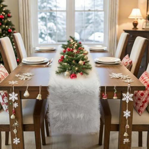 Tischläufer, Tischläufer Weiß, Kunstfell Fell-Tischläufers, Ostertischläufer, Runner Schmal, Kunstfell Meterware, für Partys, Geburtstage,Weihnachten, Friendsgiving,Hochzeiten,Esstische(11.81x70.86)