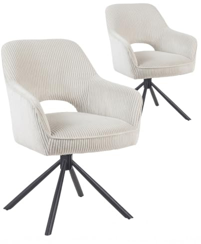 DUBI Möbel Esszimmerstühle 2er Set 360° drehbar mit Taschenfederkern, hoher Sitzkomfort, bis 150 kg belastbar, Cord-Stoff Beige, Robustes Metall-Kreuzgestell, modernes Design, Modell Mika-Ben