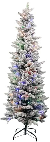 Event Decor Shop 6ft Ice-tipped Artificial Christmas Tree with 150 LEDs | Pre-lit Snow-Kissed Pencil Xmas Tree with 3-Section PVC/PE Branches, 312 Tips, Colourful Lights for Events, Retail Decoration
