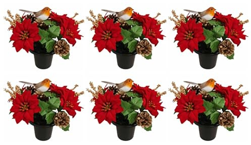 clicktostyle Christmas Artificial Poinsettia Arrangement with Robin, Red Flowers, Pine Cones, Gold Berries Grave Pots Decor Available in 6 pots & 12 Pots (6)
