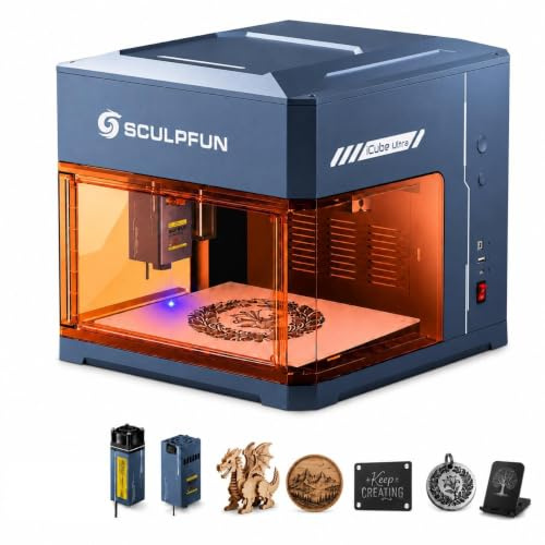 SCULPFUN iCube Ultra Dual Machine de Gravure Laser, 12W Diode + 1.2W Infrarouge, Graveur Laser Fermé, APP SCULPFUN, Découpeuse Laser avec Filtre à Fumée, Zone de Travail 150x150mm