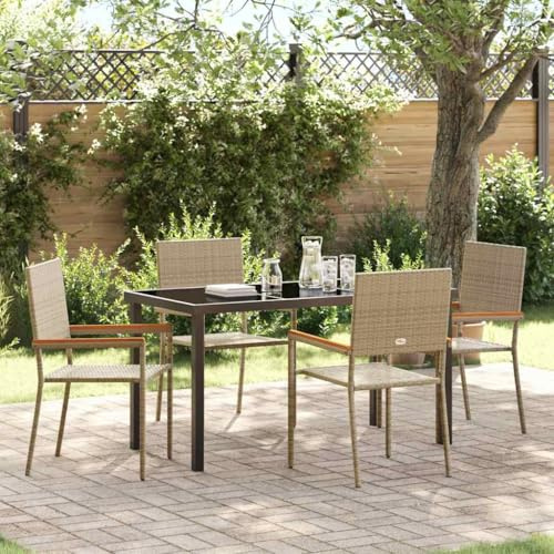 QJBSAVVA Gartenmöbel Set Beige 140x70cm Poly Rattan Tisch + 4 Stühle Terrasse Balkon Camping Outdoor wetterfest
