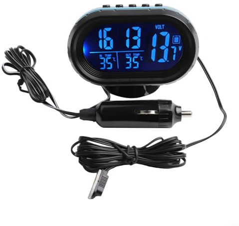 Digitales 12V Auto Uhr Thermometer Voltmeter Hygrometer mit Überspannungs- und Unterspannungsalarm für genaue Fahrzeugtemperatur und Batteriestatus (blau)