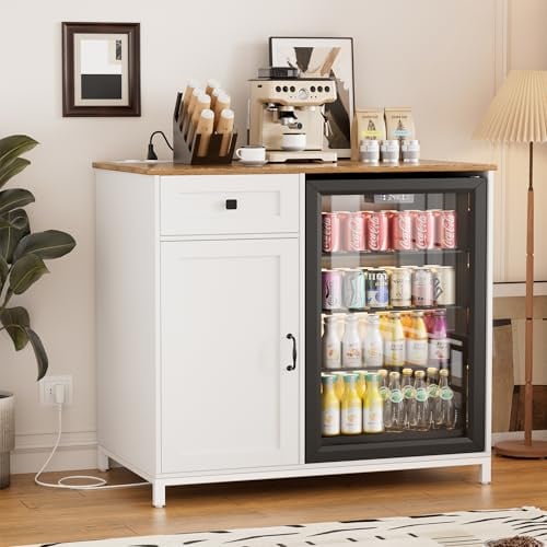 MSFE 2-in-1 Küchenschrank, Sideboard mit Mini Kühlschrank/Kühlbox Stauraum, Sideboard Wohnzimmer Buffetschrank Holz mit Steckdosen für Küche, Wohnzimmer, Esszimmer, Schlafzimmer, weiß