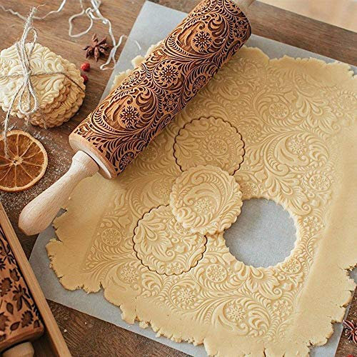 Tonsee Mode Weihnachten DIY Nudelholz Biskuit Präge-Nudelholz Holz Nudelholz, Graviertes geschnitztes Holz geprägt Nette Gedruckt Küchenwerkzeug Küche Werkzeug 38 cm
