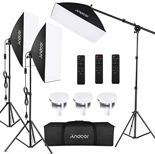 Andoer Softbox Photography Lighting Kit Professional Studio Equipment with 20x28 Softbox, 2800-5700K 85W Bi-Color Temperature Bulb with Remote, Light Stand, Boom Arm for Portrait Product Shooting