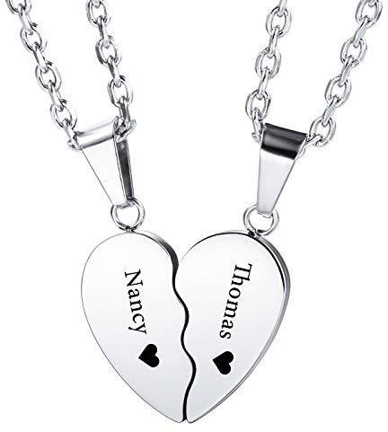 INBULE Personalisierte Herz Paar Halskette Set mit Wunschgravur von Name Datum für Damen Herren Pärchen Liebhaber Edelstahl Verstellbare Kette Liebevolle Beziehung Puzzle Anhänger(Silber Faber)