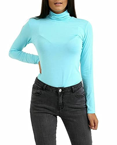 AN Direct Ladies Women Basic Long Sleeve Plain Polo Turtle Neck Ladies Stretch Plus Size Top T Shirt (Mint, ML), M-L