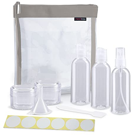 nex|trip Kulturbeutel Transparent + Behälter für Flüssigkeiten Handgepäck + Sticker-Set - Kosmetiktasche durchsichtig für Flugzeug - Reiseset Kosmetik Beutel (Silver)
