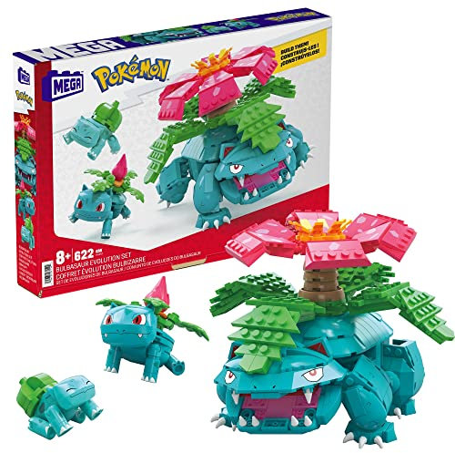 MEGA Pokémon Action Figur Building Toys, Bulbasaur Evolution Set mit 622 Teilen, 3 poseable Characters, Bulbasaur und Venusaur, für Kinder
