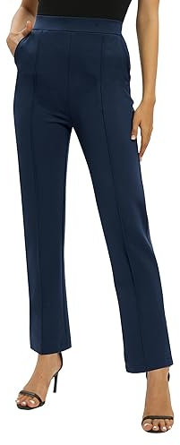 EXCHIC Damen Business Büro Gerades Bein Arbeits Hosen Freizeit Elastische Taille Hosen mit Taschen(M, Navy Blau)