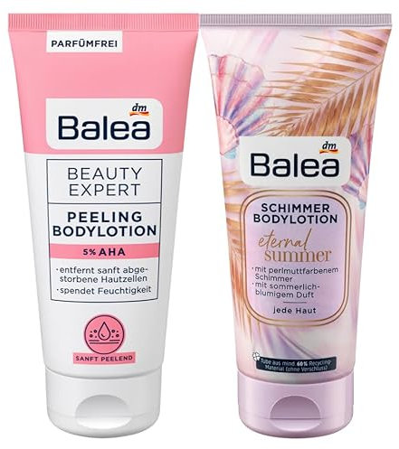Balea 2er-Set Hautpflege: Körperlotion Beauty Expert PEELING BODYLOTION mit 5% AHA für ein glattes Hautbild (200 ml) + Schimmerlotion ETERNAL SUMMER schimmernde Sommer-Duft Bodylotion (200 ml), 400 ml