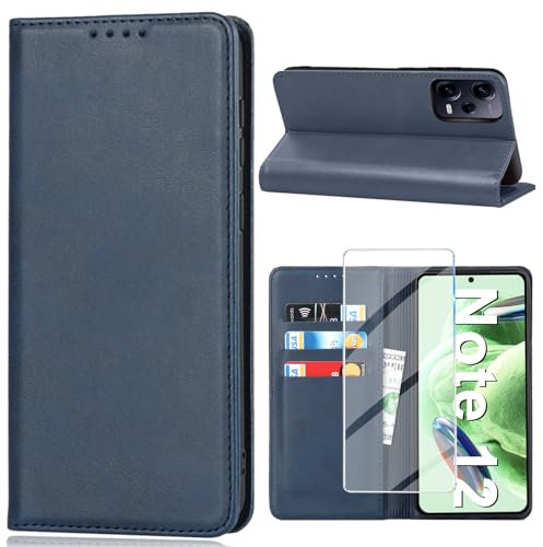 Vaki Handyhülle für Xiaomi Redmi Note 12 Hülle mit Schutzfolie, Schutzhülle Note 12 Leder Wallet Kartenfach Standfunktion Klapphülle für Xiaomi Note 12 Case Cover Klappbar (Blau)