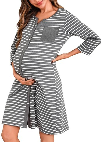 Marvmys moderskap nattlinne för sjukhus amning nattkläder 3/4 längd ärmar amning nattlinne button-down sovskjorta v-hals pyjamas mjuka myskläder för gravida kvinnor