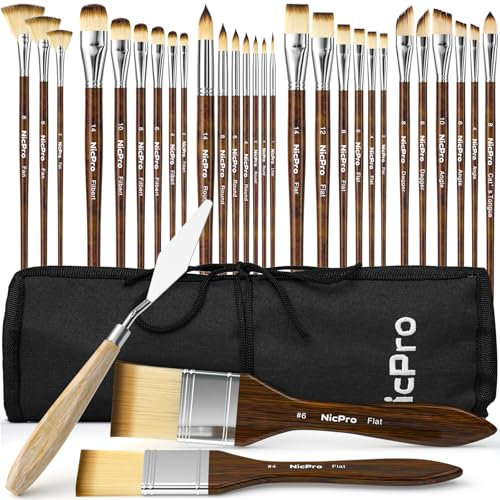 Nicpro 30pcs Paint Brush Set, Professional Paintbrushes with Palette Knife and Cloth Roll, Craft Paint Brushes for Acrylic Painting, Oil, Watercolour, Gouache, Art Supplies for Artists and Beginners