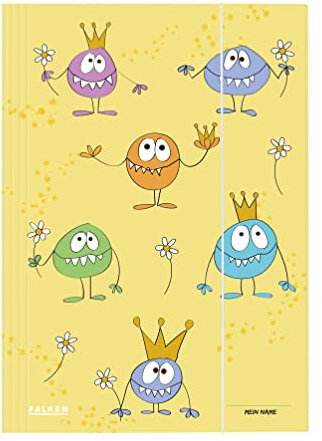 Original Falken 10er Pack Sammelmappe Kinder. Aus extra starkem Karton mit 3 Klappen und Gummiband für DIN A3 Motiv Monster Aufbewahrungs-Zeichen-Mappe für die Schule