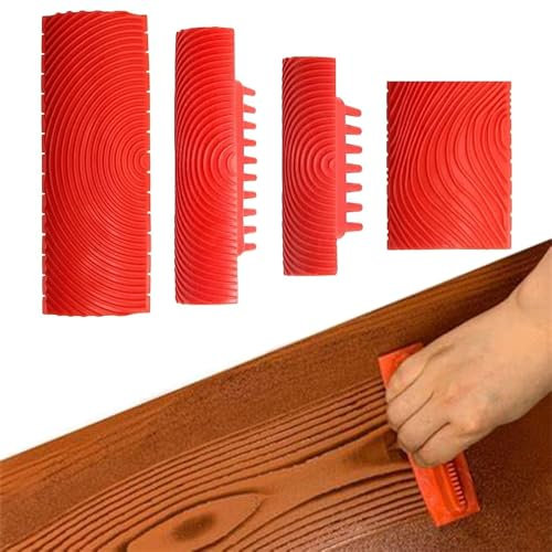 4 Pezzi Strumento Venatura del Legno, Strumento Texture Legno Grano, Tampone Effetto Legno di Gomma per Decorazioni Murali fai da te, Rosso