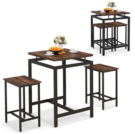 COSTWAY Bartisch mit Barhocker Set, Küchentisch in Thekenhöhe, Stehtisch mit schwebender Tischplatte & Fußstütze, Esstisch mit 2 Stühlen, platzsparend für kleine Räume, Esszimmer, Küche, Braun
