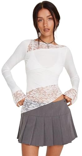 Haibang Women Lace Long Sleeve Top Sexy Mesh Sheer Crew Neck T Shirts Sexy Y2k Crop Tops Asymmetrical Hem Going Out Tops Streetwear White