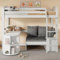 Hochbett für Kinder,Multifunktionales Kinderbett, mit eine Leiter, mit ausziehbarem Tisch, Sofa mit Stauraum und mit drei Kissen und Polster, mit Lagerregale, Keine Matratze,Massivholz,Weiß,90x200