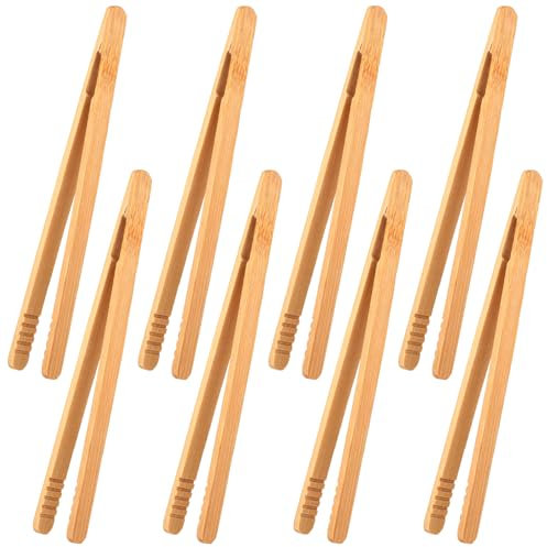 Yuanchu Lot de 8 pinces de cuisine en bambou - 18 cm - Petite pince à toast avec rainure antidérapante - Accessoire réutilisable - Pour salade, barbecue, pique-nique, thé aux fruits