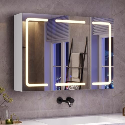 mojiasion Spiegelschrank Bad mit LED-Beleuchtung, Steckdose & 3 Farbtemperaturen | Dimmbarer Badezimmerschrank mit Touch-Sensor 60×80×16 cm (H×B×T) | Integrierter Spiegel +3 verstellbaren Regalen