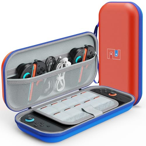 MEKO Tasche für Nintendo Switch 2 (2025) – Wasserabweisende PU-Ledertasche Switch-Schutzhülle mit 10 Spielkarten-Fächern, stoßfestem Eva-Innenfutter & Vollschutz-Design (Rot und Blau)