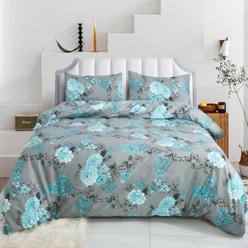 4 Piece Printed Bedding Set Duvet Cover, Deep Fitted Sheet & 2 Pillowcases Single, Double, King, Super King Sizes Soft Microfiber, Wrinkle-Resistant, Easy Care (Double, Blossom Teal)