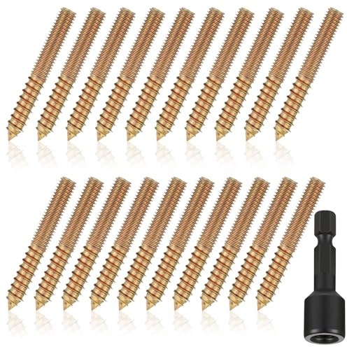 Hicarer 20 Pack 1/4-20 x 3 Inch Hanger Bolts Double Headed Bolts with Driver Self Tapping Screw Threaded Rod Screws for Furniture Double Headed for Wood Furniture Joint