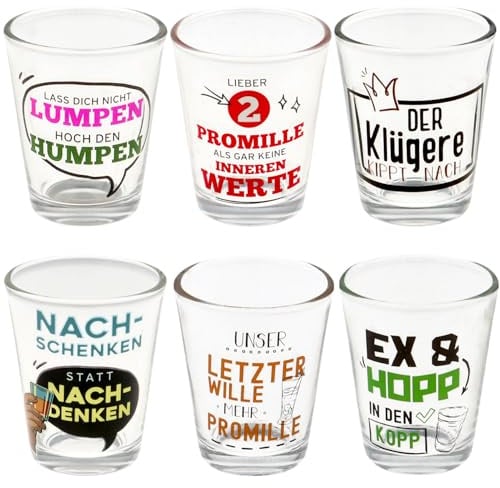 6 Schnapsgläser mit Motiv und Sprüchen|lustiges Schnapsglasset|Shotgläser-Set|Party-Shots|Spaßgläser|Trinkspiel|Stamperl|Tequilaglas|Studentenparty|Silvester|lustiges Geburtstagsgeschenk (6er Set 4)
