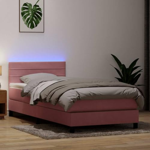 QJBSAVVA Boxspringbett Rosa 90x220 mit LED & Matratze Samt Komfortables Single Daybed für Jugend Gäste Schlafzimmer