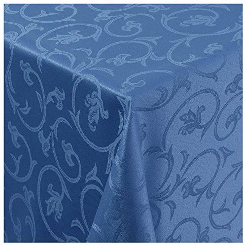 Tischdecke Damast Stoff Barock Tulpen Tischtuch Bügelarm eckig 130x250 cm in Blau mit umgenähtem Rand Premium Qualität
