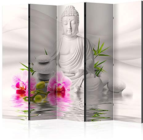 decomonkey Paravent Raumteiler Innen Buddha 225x172 cm 5 Teilig Einseitig Room Divider Wall Raumteiler Stehend Trennwand Sichtschutz Spanische Wand Sichtschutzwand Wohnzimmer Holz Oriental