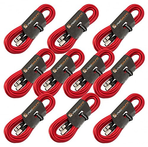 VisioSound 10 x 10m Male to Female XLR Mic Leads/Balanced Microphone Cables / 8 Colours / 10 Pack Red