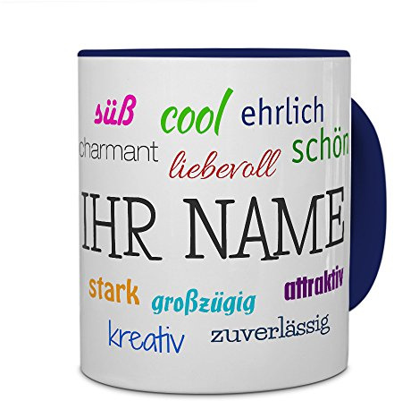 printplanet® Tasse mit Namen personalisiert - Motiv Positive Eigenschaften individuell gestalten - Farbvariante Blau