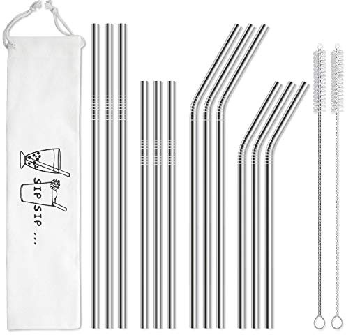 Hiware 12-Pack Reusable Stainless Steel Metal Straws with Case - Long Drinking Straws for 30 oz and 20 oz Tumblers Dishwasher Safe - 2 Cleaning Brushes Included