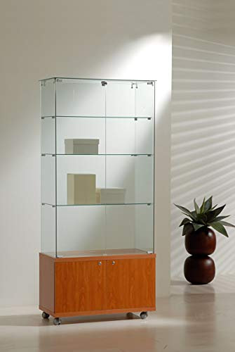 MHN Glas-Vitrine ohne Rahmen T 40 x B 80 x H 180 cm - breite Ausstellungsvitrine Sicherheitsglas mit Unterschrank abschließbar - Vitrinenschrank mit Rollen - ohne Beleuchtung