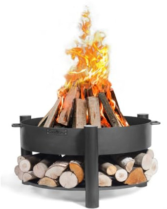 Cook King Stahl Feuerschale Montana | Ø 60x45 cm, Schwarz | Inkl. Holzlager | Handgefertigt in Europa | Grillschale Windgeschützt & Robust