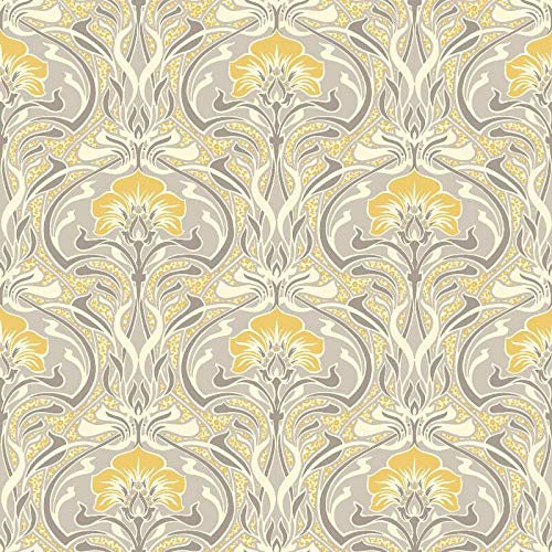 Retro Damask Wallpaper Vintage Flora Nouveau Metallic Silver Grey Yellow YöL