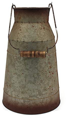 CVHOMEDECO. 10 Inch Galvanized Metal Milk Can with Wooden Handle, Old Rustic Farmhouse Pitcher Jug Vase for Home and Garden Décor.