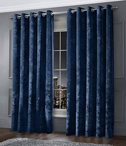 Intimates Luxury Thermal Crushed Velvet Navy/Dark Blue Ringtop Pair of Curtains (Plain, 66 Wide x 90 Drop)