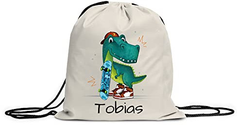 LOOXIS Personalisierter Turnbeutel für Kinder mit Namen & Motiv bedruckt – Kordelzug, Leinenhaptik – Geschenkidee Jungen, Mädchen, Einschulung, Sport, Spielzeugsack, Wechselkleidung – Skater T-Rex