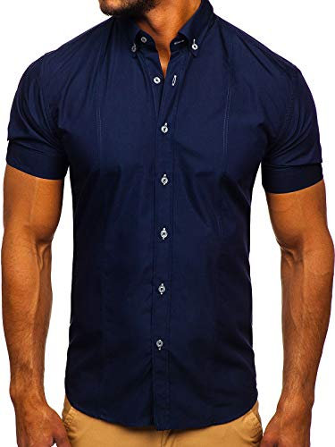 BOLF Homme Chemise a Manches Courtes A Carreaux Decontractee Chemisier Elegante Affaires Fete Choix de Couleur Classique Basic Slim Fit Casual Style 5535 Bleu foncé M [2B2]
